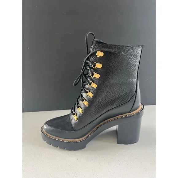 NEW Tory Burch 100mm lace-up black leather boots SIZE 7.5