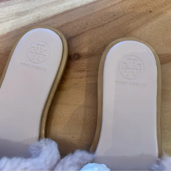 New Tory Burch Aspen Shearling Crystal Embellished Slide Sandals