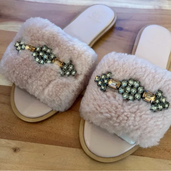 New Tory Burch Aspen Shearling Crystal Embellished Slide Sandals