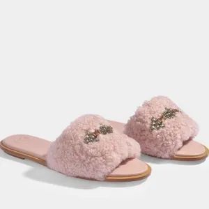 New Tory Burch Aspen Shearling Crystal Embellished Slide Sandals