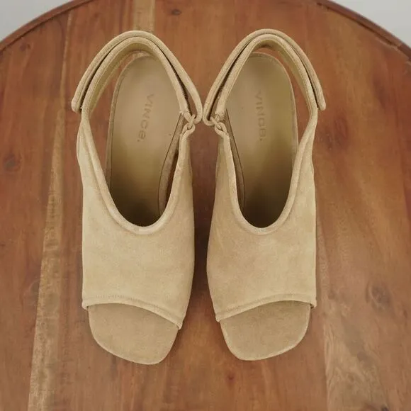 NEW Vince Womens Quest Sandals Heeled Open Toe Slingback Beige Suede Size 7.5 M