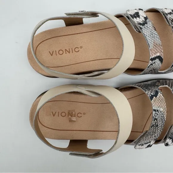 New Vionic Colleen Cream Boa Metallic Leather Sandals Size 10