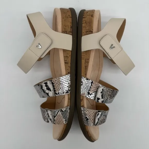 New Vionic Colleen Cream Boa Metallic Leather Sandals Size 10