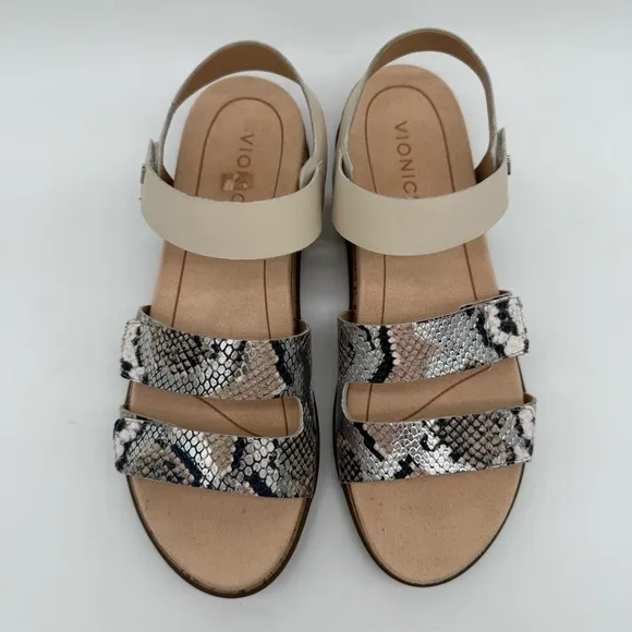 New Vionic Colleen Cream Boa Metallic Leather Sandals Size 10