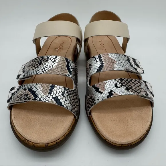 New Vionic Colleen Cream Boa Metallic Leather Sandals Size 10