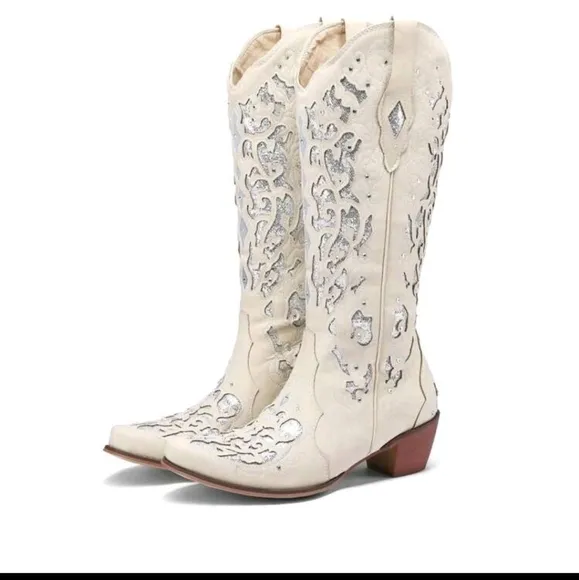 NEW WESTERN COWGIRL BOOTS CHUNKY HEEL POINTED TOE RHINESTONES &amp; EMBROIDERED BOOT