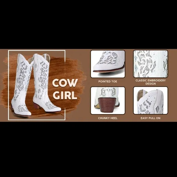 NEW WESTERN COWGIRL BOOTS CHUNKY HEEL POINTED TOE RHINESTONES &amp; EMBROIDERED BOOT