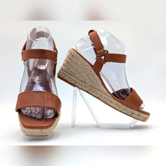NEWJutelia Made In Spain Brown Leather Espadrilles Raffia Braided Wedge W Sz 7.5