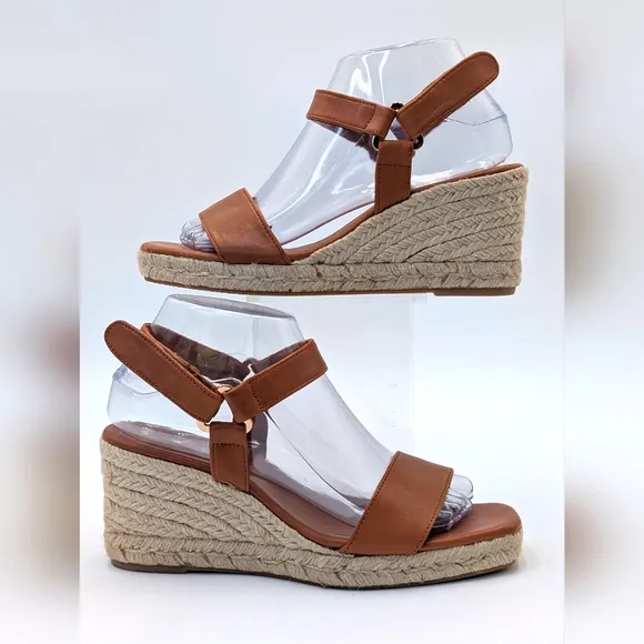 NEWJutelia Made In Spain Brown Leather Espadrilles Raffia Braided Wedge W Sz 7.5