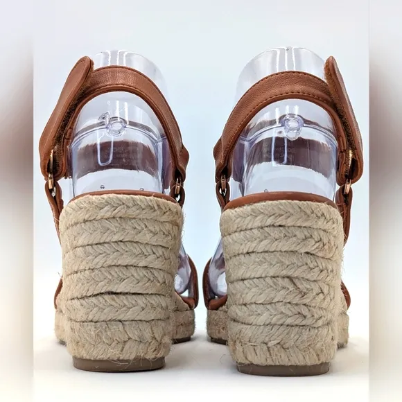 NEWJutelia Made In Spain Brown Leather Espadrilles Raffia Braided Wedge W Sz 7.5