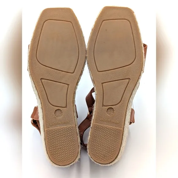 NEWJutelia Made In Spain Brown Leather Espadrilles Raffia Braided Wedge W Sz 7.5