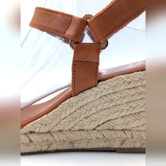NEWJutelia Made In Spain Brown Leather Espadrilles Raffia Braided Wedge W Sz 7.5