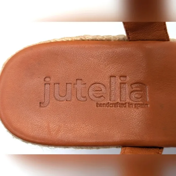 NEWJutelia Made In Spain Brown Leather Espadrilles Raffia Braided Wedge W Sz 7.5