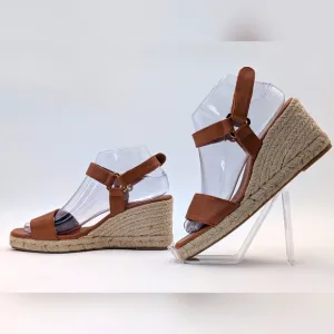 NEWJutelia Made In Spain Brown Leather Espadrilles Raffia Braided Wedge W Sz 7.5