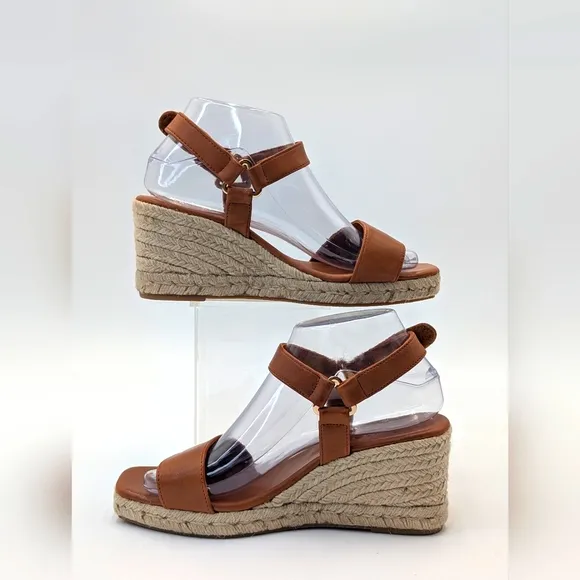 NEWJutelia Made In Spain Brown Leather Espadrilles Raffia Braided Wedge W Sz 7.5
