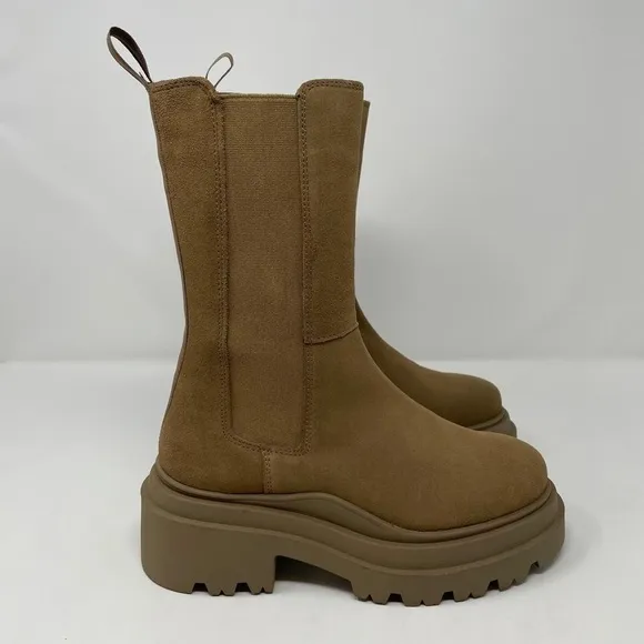 NIB Aqua Jessy Pull On Brown Taupe Suede Mid Calf Chelsea Boots Booties