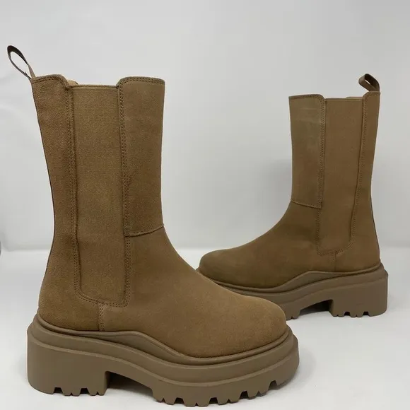 NIB Aqua Jessy Pull On Brown Taupe Suede Mid Calf Chelsea Boots Booties