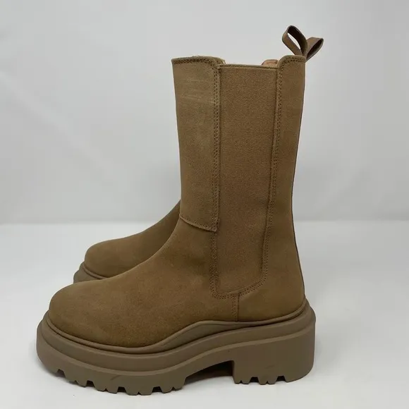 NIB Aqua Jessy Pull On Brown Taupe Suede Mid Calf Chelsea Boots Booties