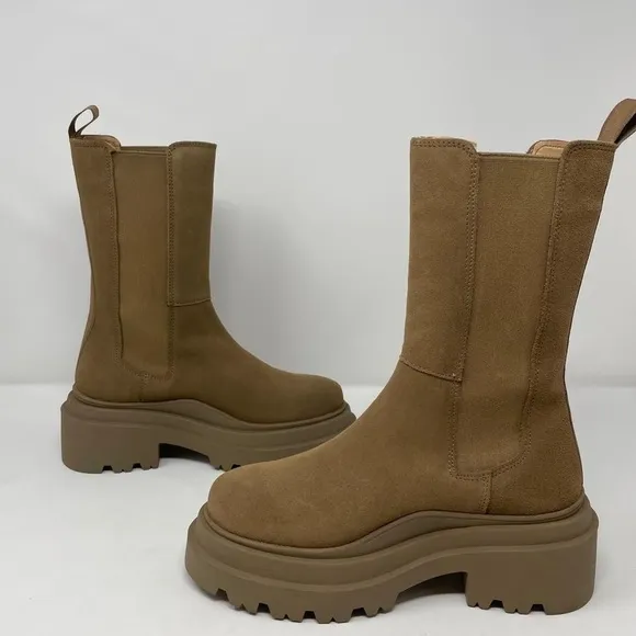 NIB Aqua Jessy Pull On Brown Taupe Suede Mid Calf Chelsea Boots Booties