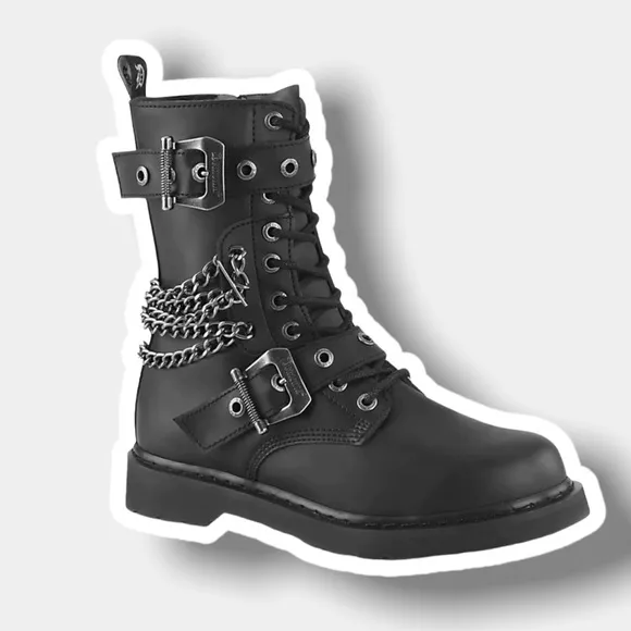 NIB DEMONIA Death Row Silver Chain Combat Boots [Bolt-250]