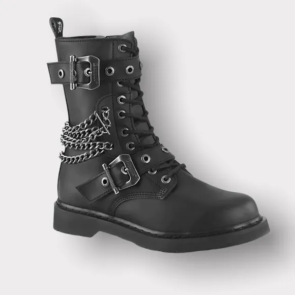 NIB DEMONIA Death Row Silver Chain Combat Boots [Bolt-250]