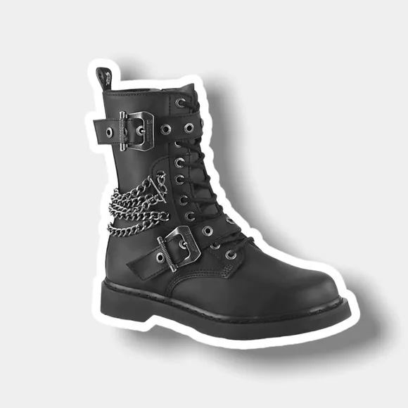 NIB DEMONIA Death Row Silver Chain Combat Boots [Bolt-250]
