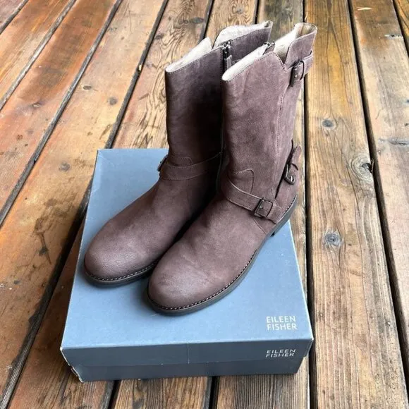 NIB Eileen Fisher Leather Mocha Booties with Side Zip Closure in Women's 11M