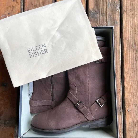 NIB Eileen Fisher Leather Mocha Booties with Side Zip Closure in Women's 11M