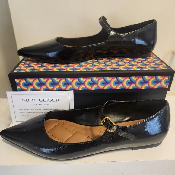 NIB Kurt Geiger &quot;Regent&quot; Black Patent Leather Mary Jane Flats Sz.9/39 Ret.$229