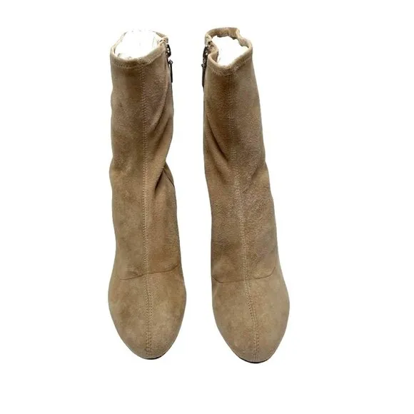 NIB SCHUTZ WOMENS MID CALF BEIGE LUPE STRETCH LEATHER BOOTS IN BRUSH TAN…