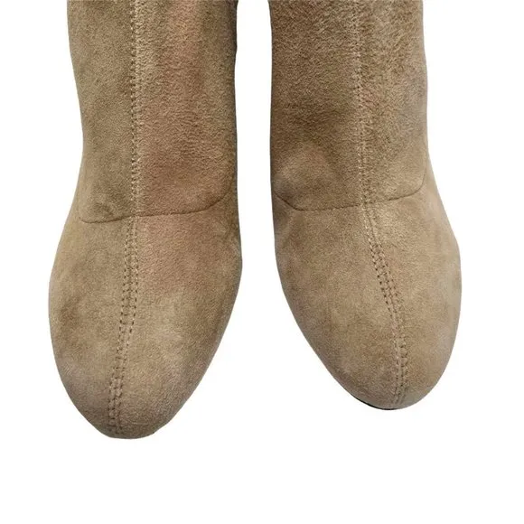 NIB SCHUTZ WOMENS MID CALF BEIGE LUPE STRETCH LEATHER BOOTS IN BRUSH TAN…