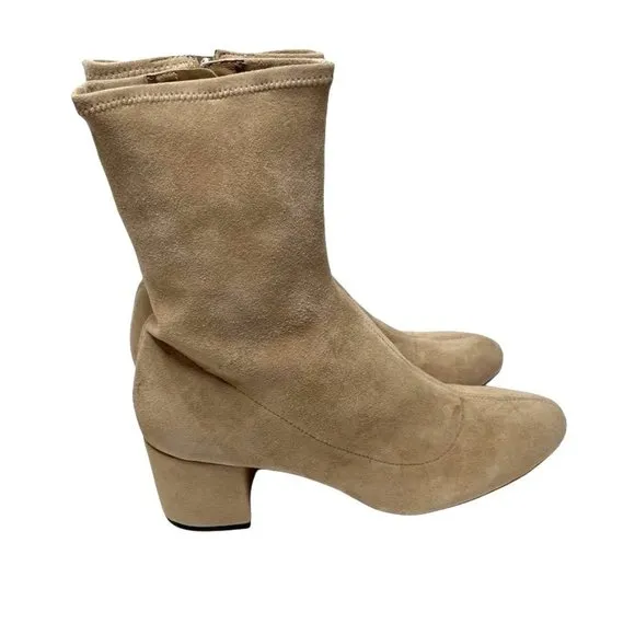 NIB SCHUTZ WOMENS MID CALF BEIGE LUPE STRETCH LEATHER BOOTS IN BRUSH TAN…