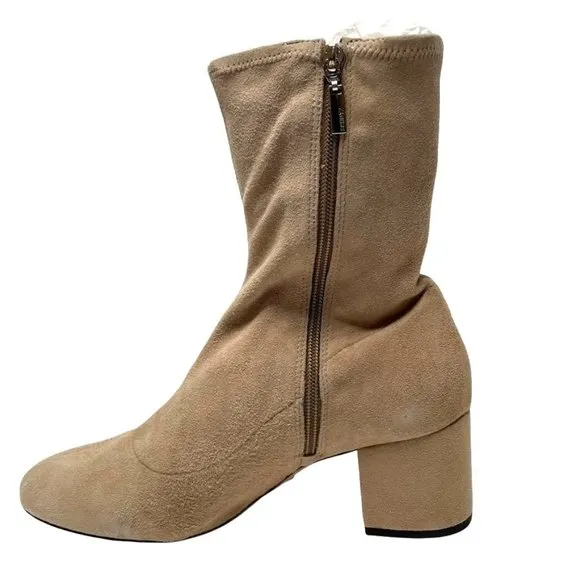 NIB SCHUTZ WOMENS MID CALF BEIGE LUPE STRETCH LEATHER BOOTS IN BRUSH TAN…