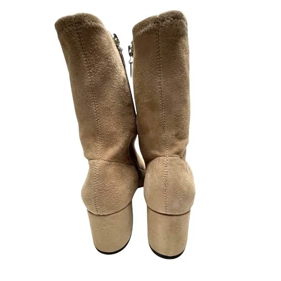 NIB SCHUTZ WOMENS MID CALF BEIGE LUPE STRETCH LEATHER BOOTS IN BRUSH TAN…