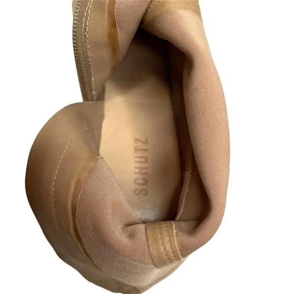 NIB SCHUTZ WOMENS MID CALF BEIGE LUPE STRETCH LEATHER BOOTS IN BRUSH TAN…
