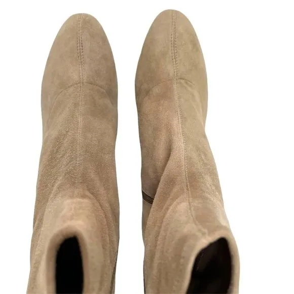 NIB SCHUTZ WOMENS MID CALF BEIGE LUPE STRETCH LEATHER BOOTS IN BRUSH TAN…