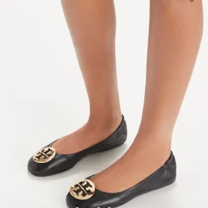 NIB Tory Burch MINNIE TRAVEL LEATHER BALLET Flat Shoe Perfect Black Gold 8.5