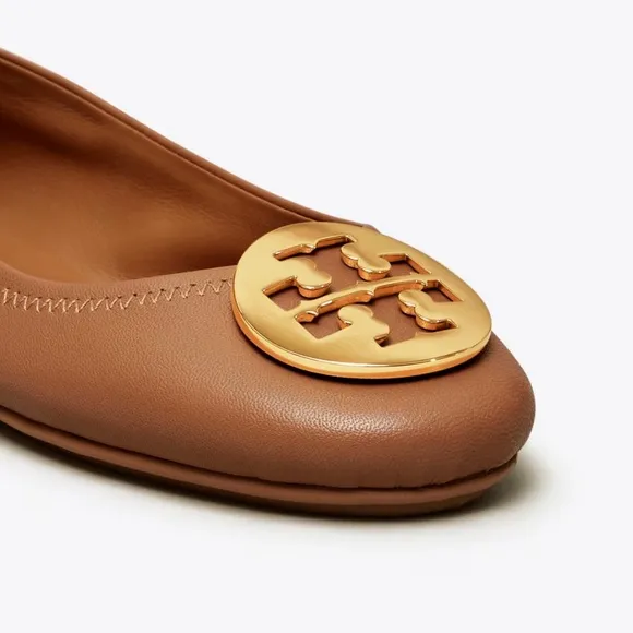 NIB Tory Burch MINNIE TRAVEL LEATHER BALLET Flat Shoe Royal Tan Gold 8