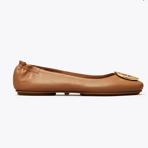NIB Tory Burch MINNIE TRAVEL LEATHER BALLET Flat Shoe Royal Tan Gold 8