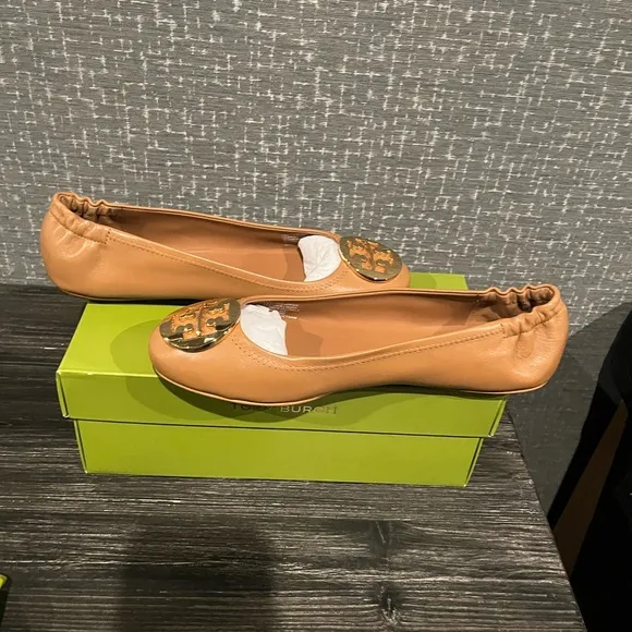 NIB Tory Burch MINNIE TRAVEL LEATHER BALLET Flat Shoe Royal Tan Gold 8