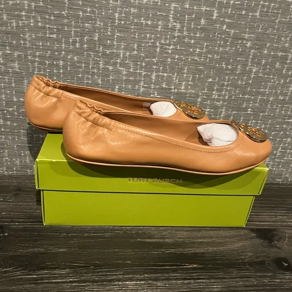 NIB Tory Burch MINNIE TRAVEL LEATHER BALLET Flat Shoe Royal Tan Gold 8
