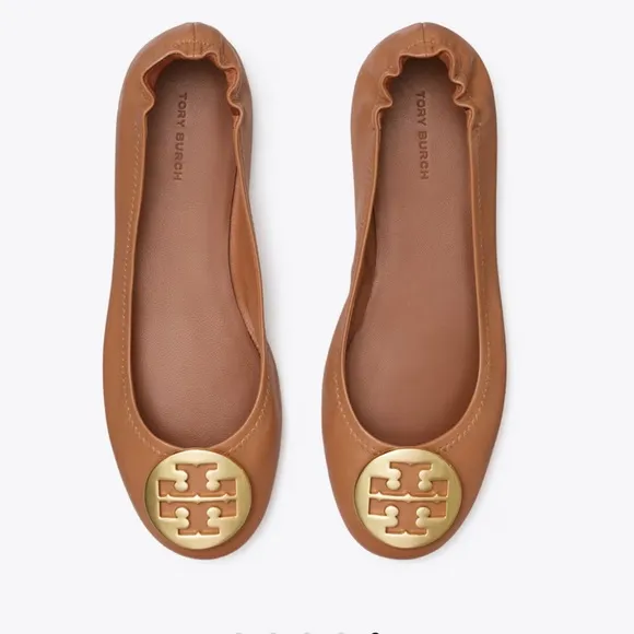 NIB Tory Burch MINNIE TRAVEL LEATHER BALLET Flat Shoe Royal Tan Gold 8