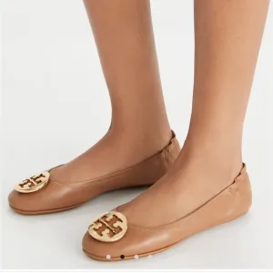 NIB Tory Burch MINNIE TRAVEL LEATHER BALLET Flat Shoe Royal Tan Gold 8