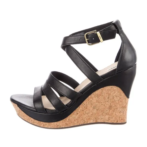 NIB UGG Black Leather Cork Platform Wedge Heel Espadrilles