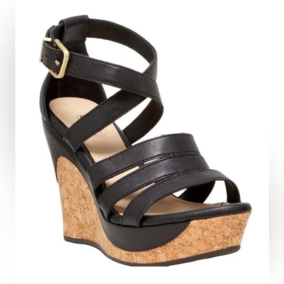NIB UGG Black Leather Cork Platform Wedge Heel Espadrilles