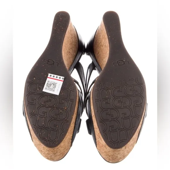 NIB UGG Black Leather Cork Platform Wedge Heel Espadrilles