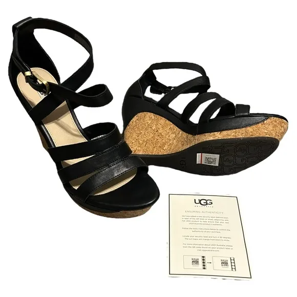 NIB UGG Black Leather Cork Platform Wedge Heel Espadrilles