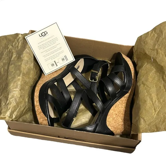 NIB UGG Black Leather Cork Platform Wedge Heel Espadrilles