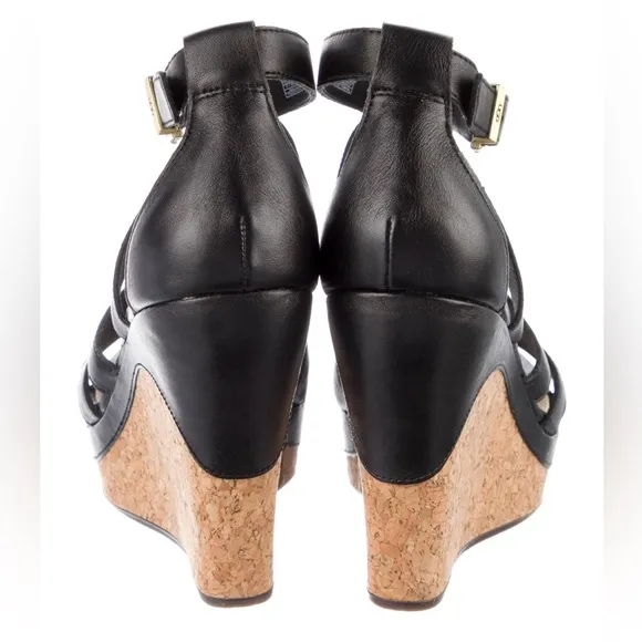 NIB UGG Black Leather Cork Platform Wedge Heel Espadrilles