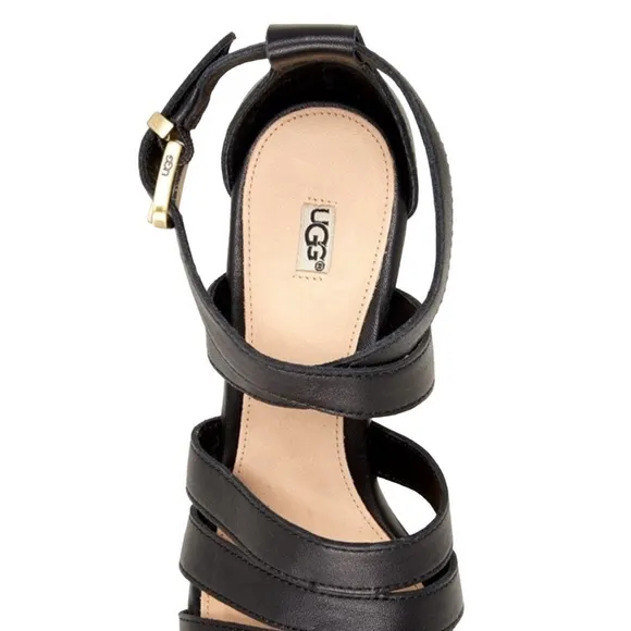 NIB UGG Black Leather Cork Platform Wedge Heel Espadrilles